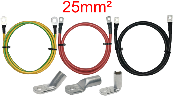 25mm² Kabel (H07V-K) verpresst mit Rohrkabelschuhen Rot / Schwarz / Grün-Gelb / Längenwahl / Normal 90° 45°